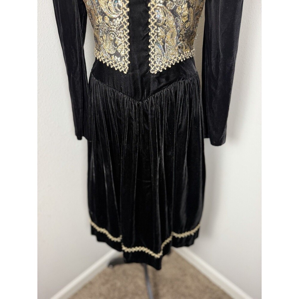 Jessica McClintock Vintage Black Velvet Gold Brocade Dress 12 Prairie Victorian - Picture 9 of 16